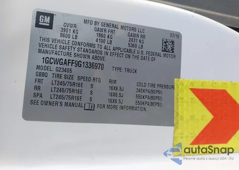 2016 Chevrolet Express 2500 Work Van z USA, uszkodzony, nr VIN 1GCWGAFF9G1336970